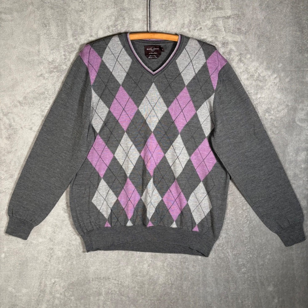 Black Brown 1826 V‎ Neck Sweater Men's XL Merino Wool Argyle Made Italy Preppy